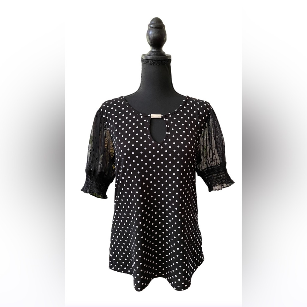Adrienne Vittadini: Black Blouse with White Polka Dots and Sheer Sleeves
